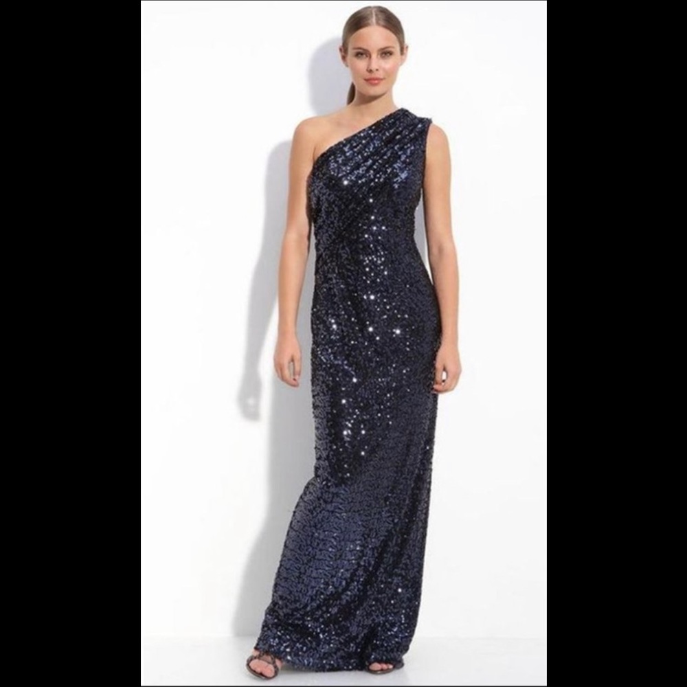 Calvin Klein Sequin Column Maxi Gown Embellished One Shoulder Dress Navy Size 4
